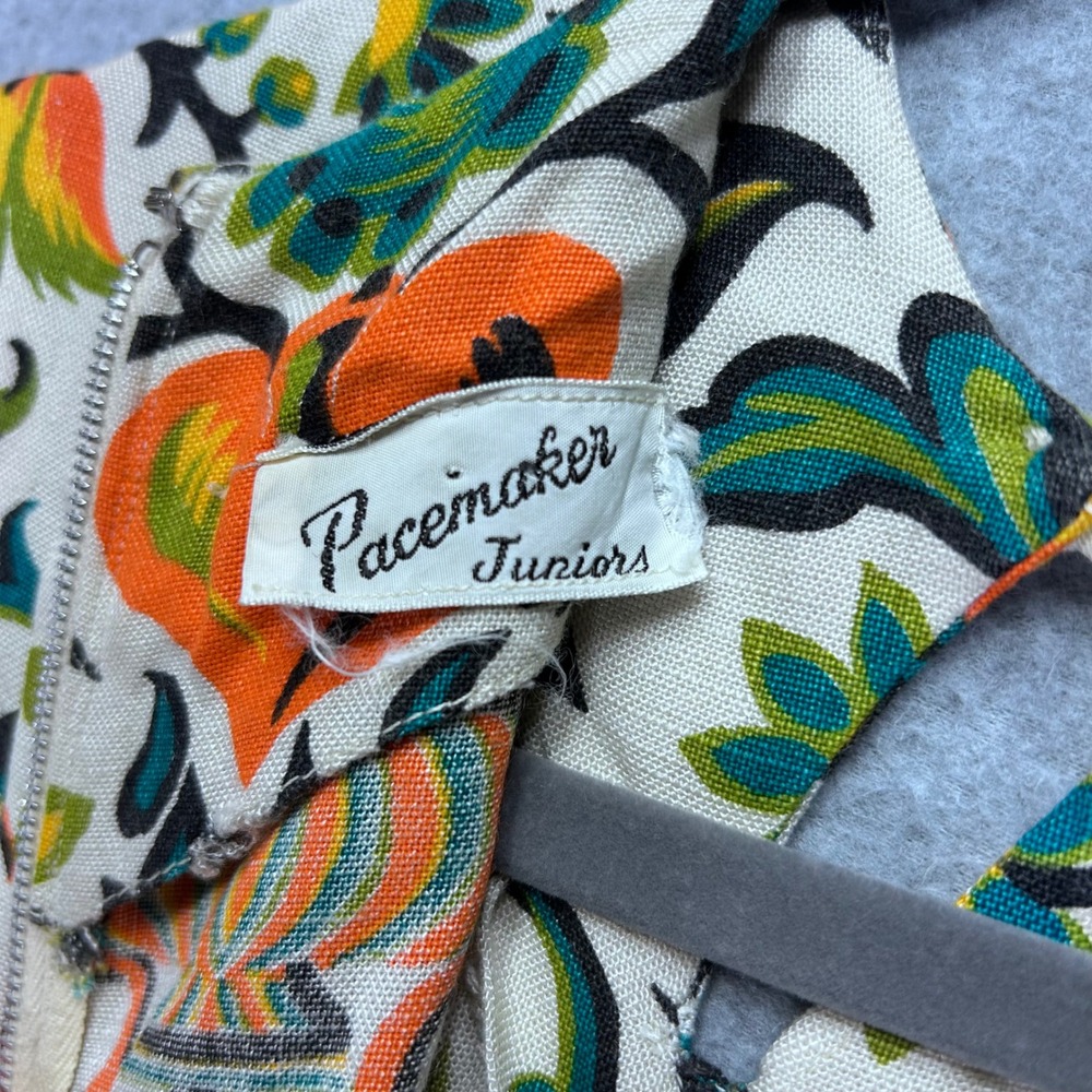 Vtg 60s Pacemaker Juniors Shift Dress Floral Folk Art Mod Cotton Sailcloth M - Picture 4 of 8